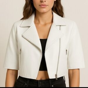 White cropped genuine Leather moto jacket